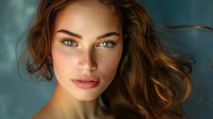 Naklejka premium A captivating portrait captures the allure of a young woman with chestnut brown hair, her exquisite evening makeup emphasizing her natural beauty as she gazes warmly at the viewer. 