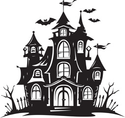 Creepy Halloween haunted castle black silhouette. Halloween vector illustration.