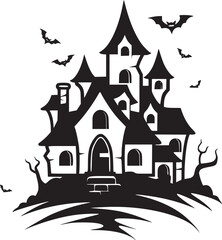 Creepy Halloween haunted castle black silhouette. Halloween vector illustration.