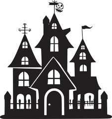 Creepy Halloween haunted castle black silhouette. Halloween vector illustration.
