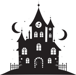 Creepy Halloween haunted castle black silhouette. Halloween vector illustration.