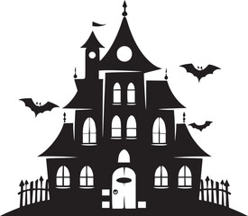 Creepy Halloween haunted castle black silhouette. Halloween vector illustration.