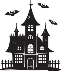 Creepy Halloween haunted castle black silhouette. Halloween vector illustration.