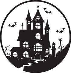 Creepy Halloween haunted castle black silhouette. Halloween vector illustration.