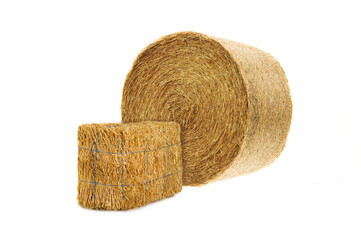 round and rectangular hay bale isolated on white background