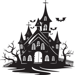 Creepy Halloween haunted castle black silhouette. Halloween vector illustration.