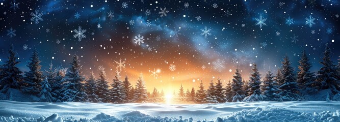 Magical Winter Scene with Snowflakes and Sunset Background