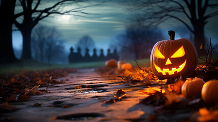 Picture of Halloween holiday. Orange pumpkins, bats and different scary decorations