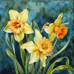 Obraz premium Striking Watercolor of Daffodils on a Deep Blue Abstract Background.