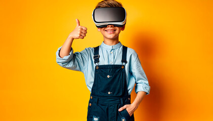 Boy in VR headset showing thumbs up against yellow background. Concept: future technology, positive experience. For tech companies, education sector, VR events. Relevant for Back to School campaigns. 