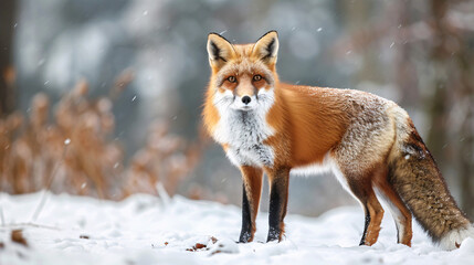 red fox in snowy landscape. A red fox standing in a snowy landscape, with snowflakes falling, capturing the beauty of wildlife in winter..
