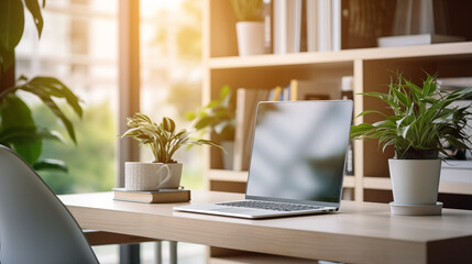 Working space in the office. Laptop on the table, green plant and booking shelf on the background