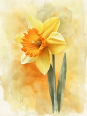 A Golden Daffodil Radiates Against a Warm, Abstract Watercolor Background, Symbolizing Joy and Renewal.