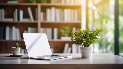 Working space in the office. Laptop on the table, green plant and booking shelf on the background