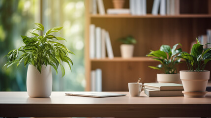 Working space in the office. Laptop on the table, green plant and booking shelf on the background