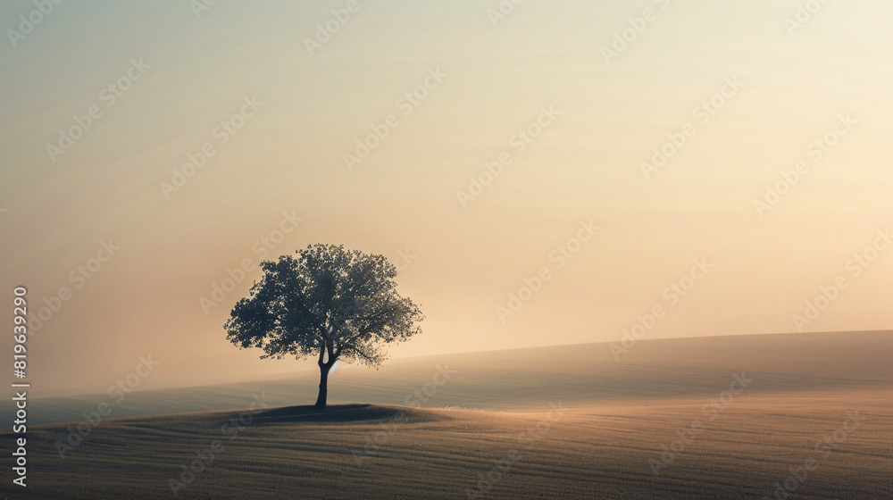 Poster solitary tree in misty landscape. a solitary tree standing in a misty landscape at dawn, creating a 