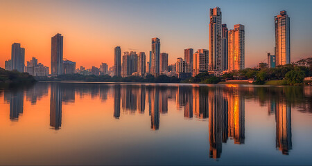 Beautiful sunset over the Mumbai skyline with reflective skyscrapers and calm water, showcasing urban beauty.