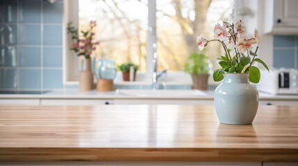 Fototapeta premium Big wooden table top in the kitchen with kitchen utensil on the background, blurred background