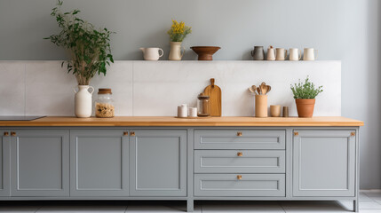 Grey wooden kitchen with kitchen utensil on the background, blurred background