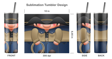 Funny cowboy cartoon character. Seamless sublimation template for 20 oz skinny tumbler. Sublimation illustration. Seamless from edge to edge. Full tumbler wrap.