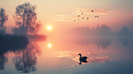 swan swimming in misty sunrise. A graceful swan swims in a misty lake at sunrise, with the warm light of the rising sun creating a beautiful and tranquil atmosphere..