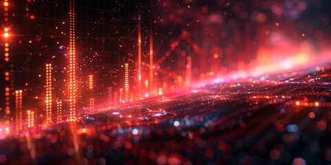 Neon lights illuminate a city skyline at night in an abstract composition