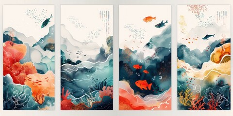 Three paintings showcasing various fish species in detailed illustrations