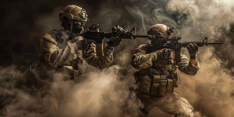 Armed special forces group in tactical gear, on a dark background. Law and order protection concept. SWAT group. Antiterrorism. Special operation.