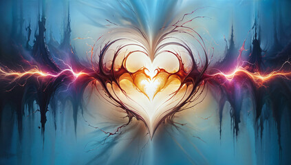 Fototapeta premium Ethereal heart-shaped form emerges from swirling cosmic energy, radiating warmth and light amidst a surreal, otherworldly landscape. 8k