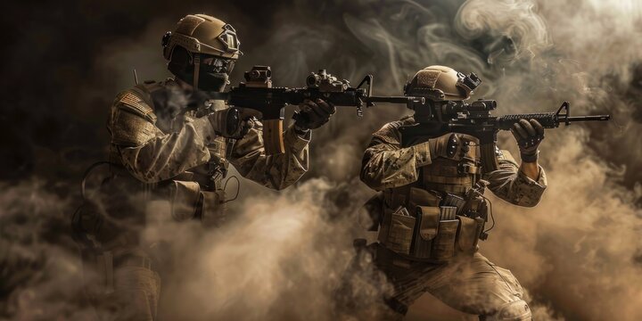 Armed special forces group in tactical gear, on a dark background. Law and order protection concept. SWAT group. Antiterrorism. Special operation.