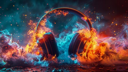 Colorful headphones exploding in a festive display, creating a dazzling visual spectacle with vibrant lights and energetic music, perfect for a lively celebration