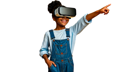 Young girl wearing a virtual reality headset and pointing forward. High-quality PNG. Ideal for technology-themed projects, VR promotions, and educational content. Perfect for tech companies 