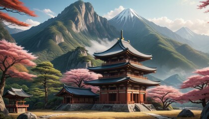 Stunning view of a traditional Japanese pagoda surrounded by cherry blossoms with a majestic mountain backdrop in serene light.