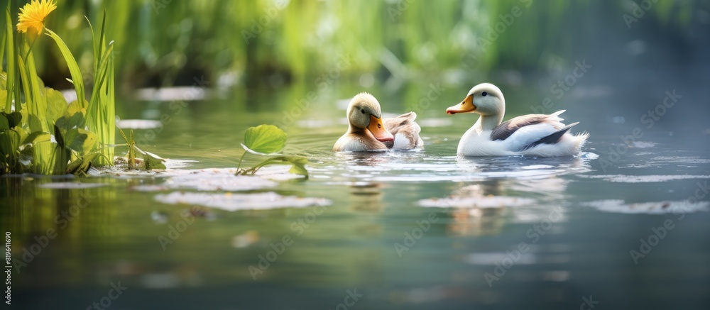 Poster ducks swimming in a pond surrounded by nature with a serene backdrop creating an idyllic scene in th