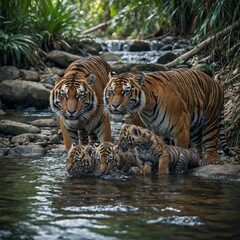 A mother tiger and her cubs drinking from a crystal-clear stream in the jungle.

