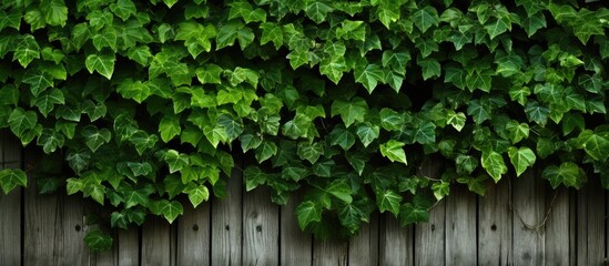 In summer a fence displays a horizontal texture of lovely green ivy leaves providing a picturesque copy space image