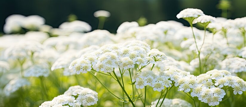 Field of white yarrow flowers in summer with copy space image
