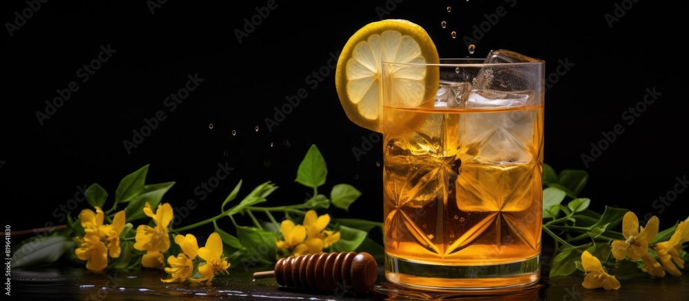 Poster gin cocktail garnished with lemon slices and honey drizzle against a dark backdrop with copy space i