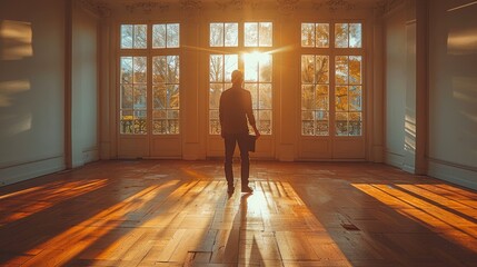 Man Looking Out Window in Empty Sunlit Room, New Home