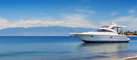 A cabin cruiser rests on Estepona Beach providing a picturesque background for a copy space image