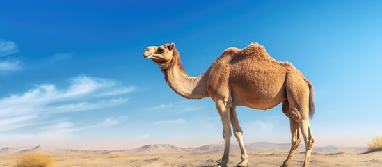 A photo featuring a large camel with brown fur basking in the Spring sun showcasing the distinctive humps on its back provides ample copy space image
