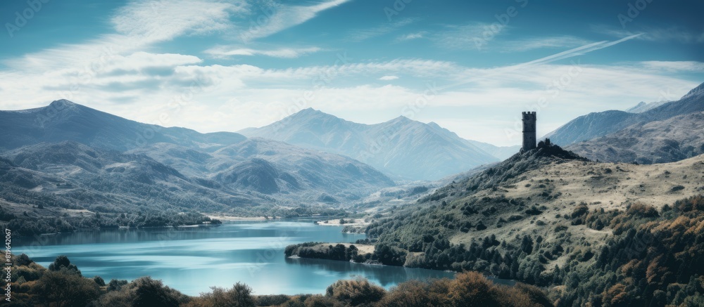 Poster mountain lakes panorama with a tower perched on a rock creating a captivating copy space image