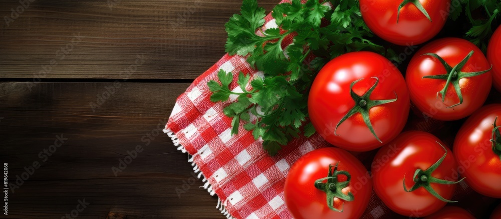 Poster top view of red tomatoes on a plate placed on a wooden table covered with a tablecloth accompanied b