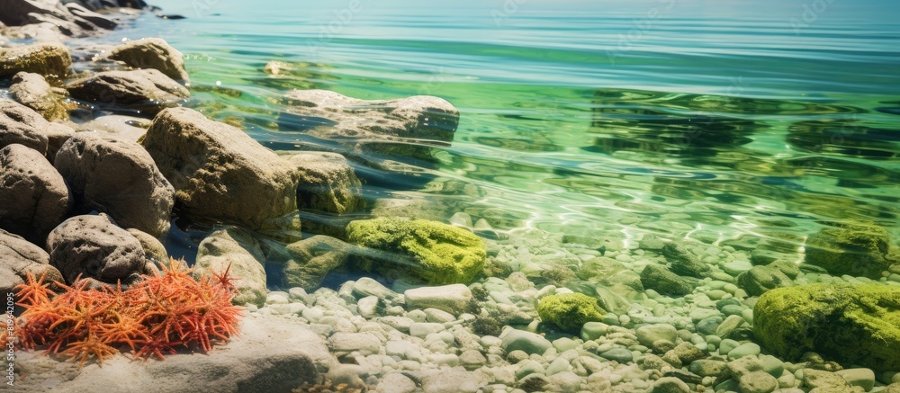 Poster during low tide at the beach mossy stones coral and seaweed emerge as the water pulls back creating 