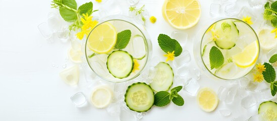 Top down view of a summer themed Hugo spritz cocktail featuring champagne cucumber lemon and mint in wine glasses with copy space image