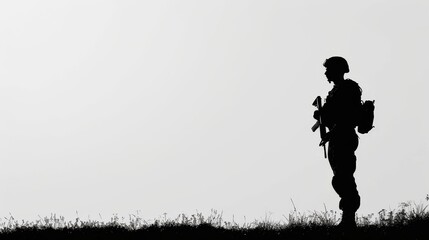 The stark silhouette of a war medic, his posture conveying readiness and rapid response, displayed against a clean background for a noisefree effect