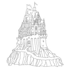 Fairy tale castle on a hill. Hand drawn black and white sketch for coloring book page