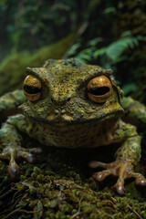 animal by ai // large green toad with brown eyes, frog in the jungle, sitting on moss, lush greenery, photorealistic // ai-generated 