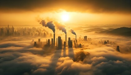 Industrial cityscape with pollution and smog enveloping buildings during a golden sunset.
