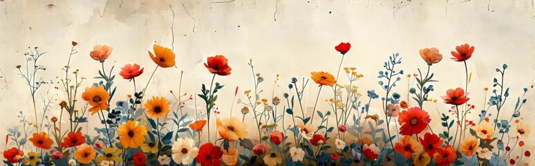 A painting depicting a field filled with colorful flowers in full bloom